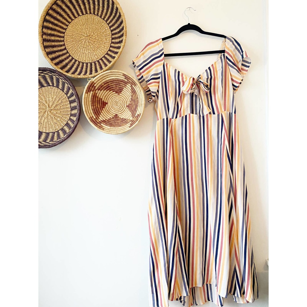 NWT Leith Beige Tender Stripe Midi Dress with Bow Cut Out